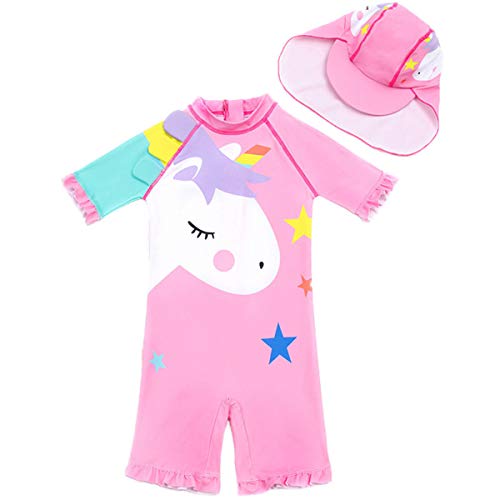 FAIRYRAIN Kinder Mädchen JungenSunsuit Sonnenschutz Alles in eins Badeanzug Bademode Einteiler UPF 50+ UV Schützend Schwimmanzug mit Sonnenhut (Swim#C, 2-3 Jahre) von FAIRYRAIN