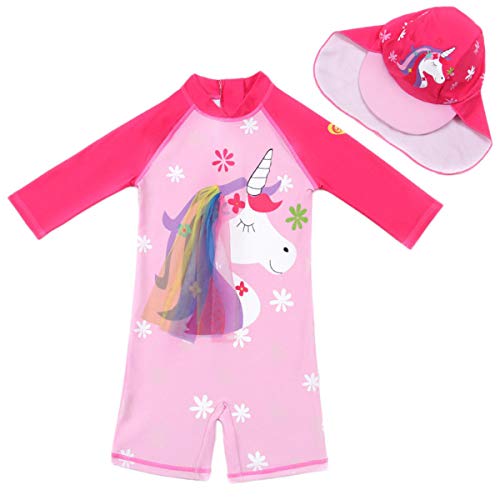 FAIRYRAIN Kinder Mädchen JungenSunsuit Sonnenschutz Alles in eins Badeanzug Bademode Einteiler UPF 50+ UV Schützend Schwimmanzug mit Sonnenhut (Swim#E, 2-3 Jahre) von FAIRYRAIN