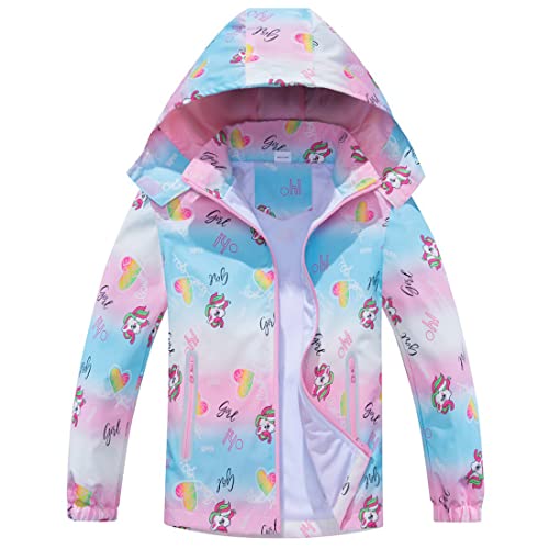 FAIRYRAIN Kinder Mädchen wasserdichte Cartoon Einhorn Print Jacke Übergangsjacke Regenjacke Kinder Softshelljacken Funktionsjacke mit Kapuze Outdoorjacke von FAIRYRAIN