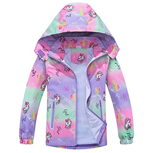 FAIRYRAIN Kinder Mädchen wasserdichte Cartoon Einhorn Print Jacke Übergangsjacke Regenjacke Kinder Softshelljacken Funktionsjacke mit Kapuze Outdoorjacke von FAIRYRAIN