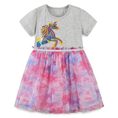 Kinder Mädchen Kurzarm Sommer Sweat Prinzessin Cartoon Casual T-Shirt Kleid Elegant Kleidung Einhorn Schmetterling Chiffon Baumwolle Party Kleid 4T von FAIRYRAIN