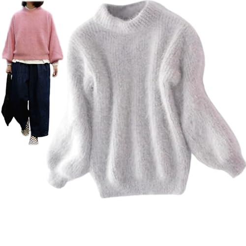 Damen Winter Angora Kaschmir Mischung Lose Warm Pullover, Einfarbig Rundhalsausschnitt Strickpullover Pullover Flauschiger Plüsch Pullover, grau, One size von FAIRZ