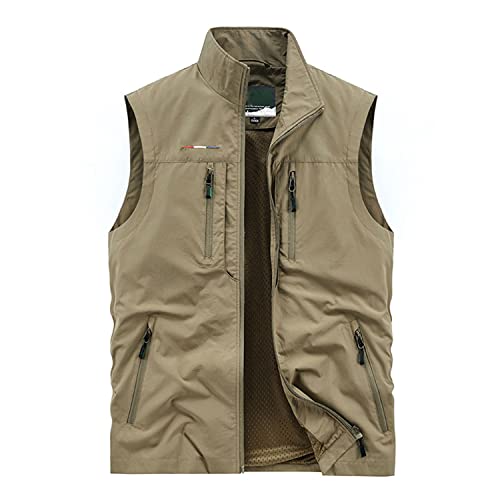 FAJIAYI Herren-Weste Mit Multi-Pocket Waistcoat Outdoor-Sportweste Ärmellose Atmungsaktive Freizeitweste Für Fotografie-Angelreisen,Khaki,3XL von FAJIAYI