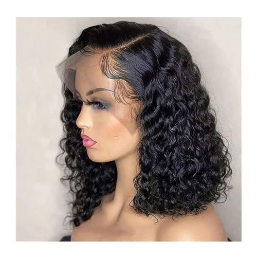 Perücke 13 * 4 Spitze Frontal Brasilianisches Reines Echthaar Tiefe Welle 180% Dichte Vorgezupft Seitenteil Kurze Bob Perücken for Schwarze Frau Damen Perücken(4 * 4,16inches) von FAJNUZI2024