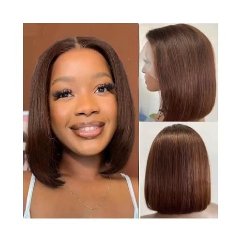 Perücke 4# HD Transparente lockige gerade Spitze Frontal Bob Echthaar Perücke 13x4 Spitze Front Perücke vorgezupft Damen Perücken(16inches) von FAJNUZI2024