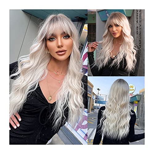 Perücke 66 cm lange Synthetikperücke mit Platinwellen for weiße Frauen, Ombré-Perücke, hellblond, mit Pony, natürliche Hochtemperaturfaser-Perücke for tägliches Cosplay Damen Perücken von FAJNUZI2024