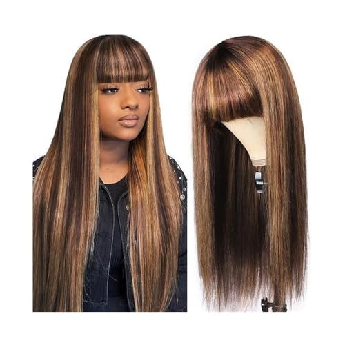 Perücke Echthaarperücke mit Pony, Ombre-Highlights, braunes glattes Haar for Frauen, Dichte 180% Damen Perücken(22inches) von FAJNUZI2024