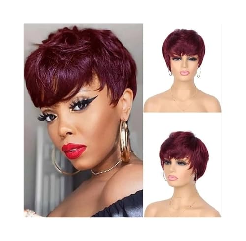 Perücke Kurze braune Perücke Schokoladenbraune Echthaarperücken Kurze Pixie Cut Perücken mit Pony Damen Perücken(Red) von FAJNUZI2024