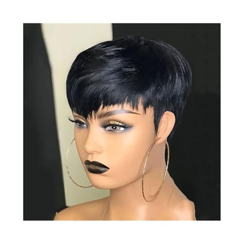 Perücke Kurze braune Perücke Schokoladenbraune Echthaarperücken Kurze Pixie Cut Perücken mit Pony Damen Perücken(Schwarz) von FAJNUZI2024
