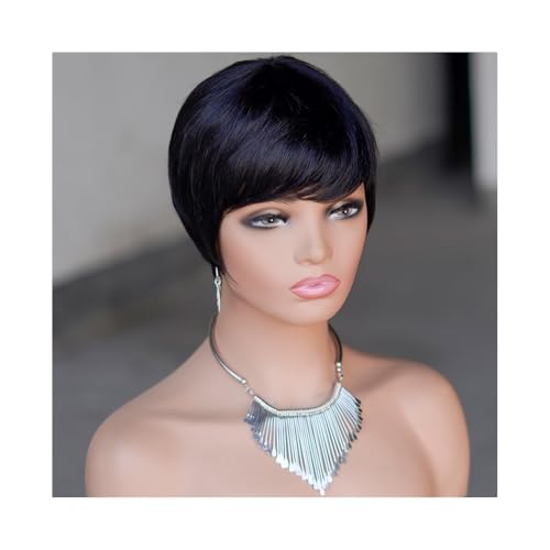 Perücke Kurze schwarze Perücke Echthaarperücken for Frauen Pixie Cut Perücke Brasilianische Echthaarperücke Damen Perücken(Natural Black) von FAJNUZI2024