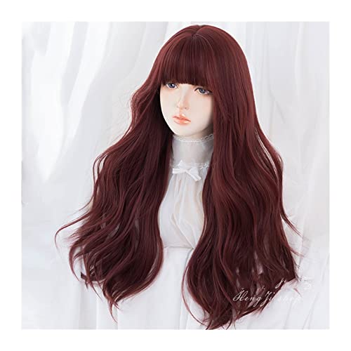 Perücke Lange dunkelrote Perücke mit Pony, lose gewellte lockige Perücke for Frauen Hochtemperatur-Kunstfaser-rote gewellte Perücken for den täglichen Cosplay-Gebrauch Damen Perücken von FAJNUZI2024
