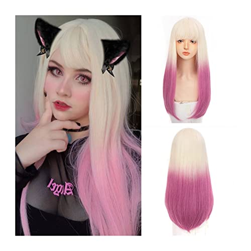 Perücke Lange glatte Haare Perücke mit Pony for Mädchen Frauen Blond Farbverlauf Lila Rosa Synthetische Cosplay Perücke Hitzebeständige Bunte Kostümparty Perücken Damen Perücken von FAJNUZI2024