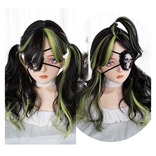 Perücke Schwarze Highlights grüne Cosplay-Perücke, langwellige lockige Perücke mit Vorhang-Pony for Frauen Mädchen natürliche synthetische Wellenparty-Halloween-Perücke Damen Perücken von FAJNUZI2024