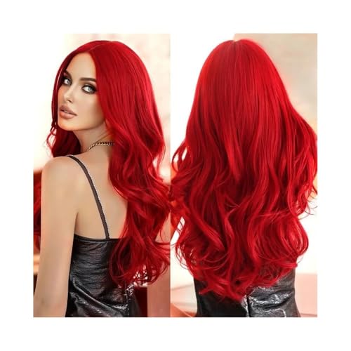 Perücke Synthetische Faserperücke, langes lockiges Haar, Mittelteil, Pony, rote Farbe, Hochtemperatur-Seidenperückenset Damen Perücken(Bright red-103) von FAJNUZI2024