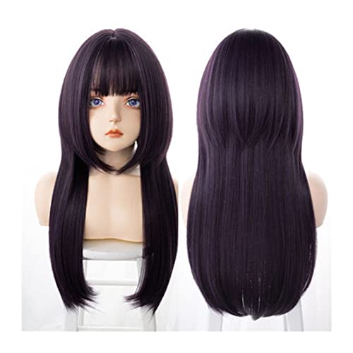 Perücke Synthetische Perücke mit langem glattem Haar und ordentlichem Pony, blau-violette Cosplay-Perücke mit Pony, Hochtemperatur-Faserperücken for Mädchen, tägliche Partys, Halloween Damen Perücken von FAJNUZI2024
