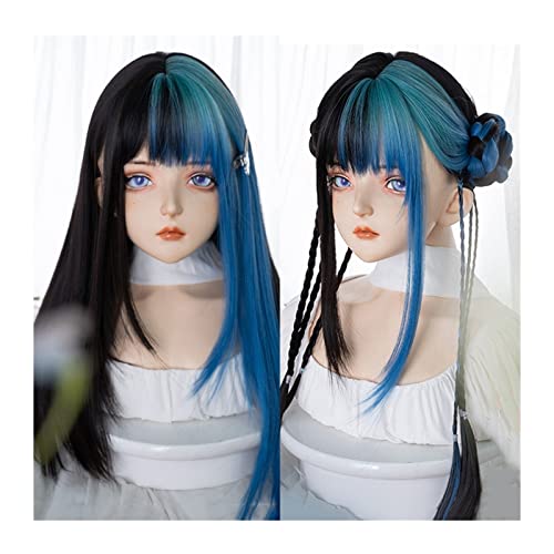 Perücke Synthetische lange glatte Haare Perücke mit Pony unregelmäßige Färbung gerade Perücke natürliche hitzebeständige synthetische Perücke Cosplay Party Halloween Perücke Damen Perücken von FAJNUZI2024