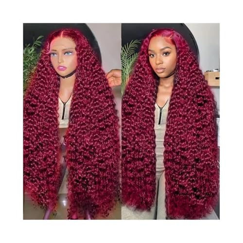 Perücke Tiefe Welle Echthaar Hd Transparent Lace Front Perücke 13x4 Curly 99j Burgund gefärbt Damen Perücken(32inches) von FAJNUZI2024