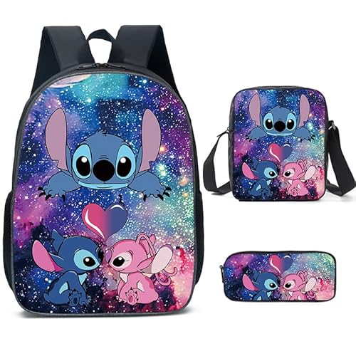 FAKKA Stitch Rucksack mit Lunch-Tasche, Federmäppchen, 3-teiliges Kinder-Büchertaschen-Set, 3D-gedruckte Reiserucksäcke, Stitch Cartoons Hohe Kapazität Schultasche,Geschenke Rucksack für Kinder，A von FAKKA