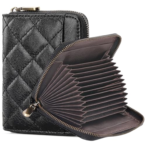FALAN MULE Damen RFID Blocking Leder Wristlet Card Holder Wallet Echtes Leder Kompakte Kartenhalter Geldbörse mit starkem Reißverschluss, 14 Fächer mit Ausweisfach, Kartenetui Kleine Geldbörse für von FALAN MULE