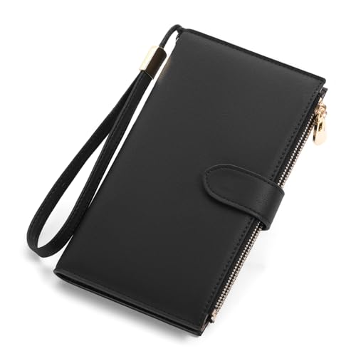 FALAN MULE Geldbörse Damen, Portemonnaie Damen Leder, RFID Blocking groß und im Langformat Geldbeutel Damen mit Mehreren Kartenfächern Fächern, Abnehmbarer Handschlaufe (Schwarz) von FALAN MULE