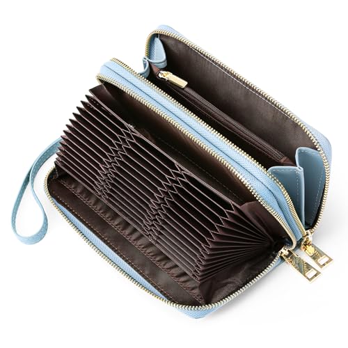 FALAN MULE Geldbörse Damen Groß Kapazität Leder Portemonnaie Damen mit RFID Schutz Lange Doppeltem Reißverschluss Geldbeutel Frauen mit 24 Kartenfächer und Abnehmbare Handschlaufe von FALAN MULE