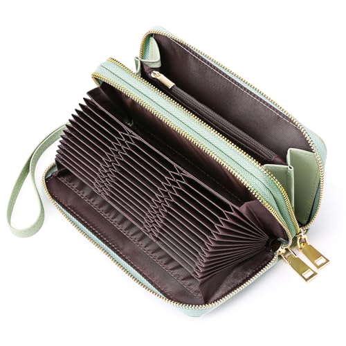 FALAN MULE Geldbörse Damen Groß Kapazität Leder Portemonnaie Damen mit RFID Schutz Lange Doppeltem Reißverschluss Geldbeutel Frauen mit 24 Kartenfächer und Abnehmbare Handschlaufe von FALAN MULE