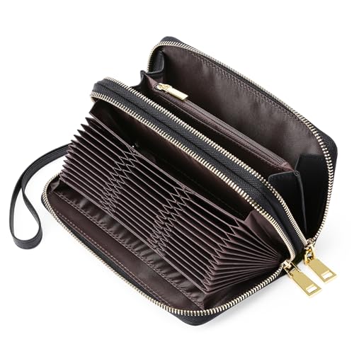 FALAN MULE Geldbörse Damen Groß Kapazität Leder Portemonnaie Damen mit RFID Schutz Lange Doppeltem Reißverschluss Geldbeutel Frauen mit 24 Kartenfächer und Abnehmbare Handschlaufe von FALAN MULE