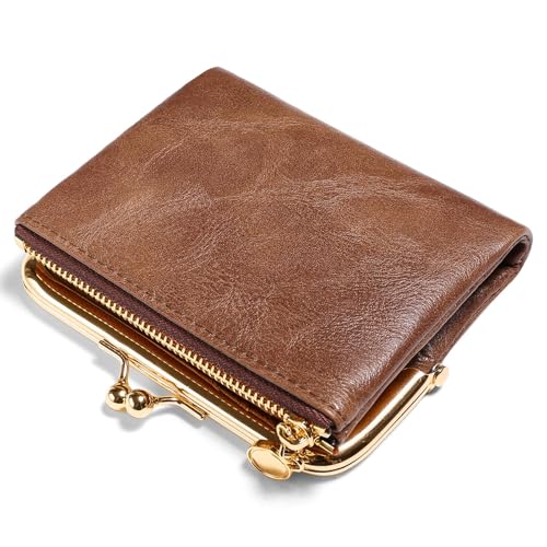 FALAN MULE Kleine kompakte Geldbörse für Damen, aus echtem Leder, mit Reißverschluss und Kussschloss, RFID Blockierung von Bifold Leder Geldbörsen mit Mehreren Kartenfächern und geräumigem Fach von FALAN MULE