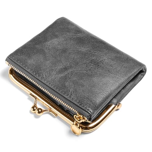 FALAN MULE Kleine kompakte Geldbörse für Damen, aus echtem Leder, mit Reißverschluss und Kussschloss, RFID Blockierung von Bifold Leder Geldbörsen mit Mehreren Kartenfächern und geräumigem Fach von FALAN MULE