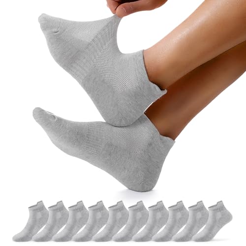 FALARY 10 Paar Sneaker Socken Damen 35-38 Grau Sportsocken Damen 35-38 Baumwolle Halbsocken Kurzsocken Laufsocken Quarter Running Sport Socken von FALARY