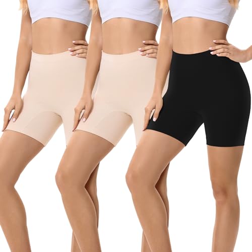 FALARY 3 Pack Leggins Kurz Damen Unter Rock Hose Unter Rock Sicherheit Shorts Kurze Radlerhose Hotpants Unterhose Boxershorts Damen Nylon S Beige Schwarz von FALARY