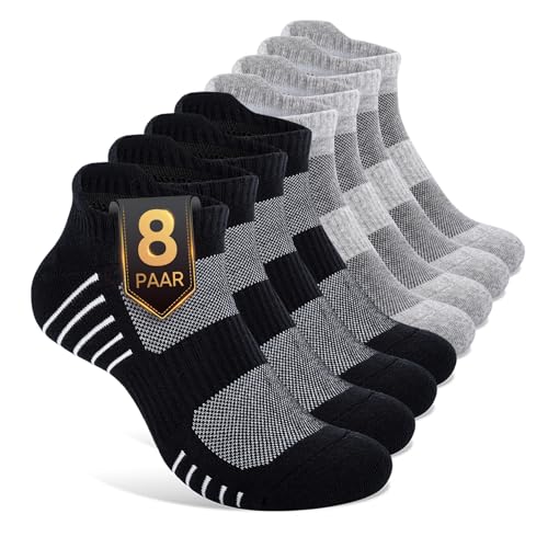 FALARY 8 Paar Sneaker Socken Damen 39-42 Sportsocken Herren 39-42 Baumwolle Grau Weiß Laufsocken Kurzsocken Quarter Sport Running Socken Kurz Schwarz Grau von FALARY