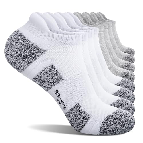 FALARY 8 Paar Sneaker Socken Herren Baumwolle Sportsocken Socken Damen Gepolsterte Anti-Rutsch Kurzsocken Weiß Hellgrau 47-50 von FALARY