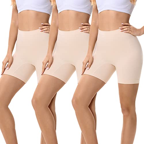 FALARY Damen 3er Pack Anti Scheuern Kurze Leggings SommerRadlerhose Damen Slipshort Höschen Yoga, Fitness Hotpants,Täglich Tragen Beige L von FALARY