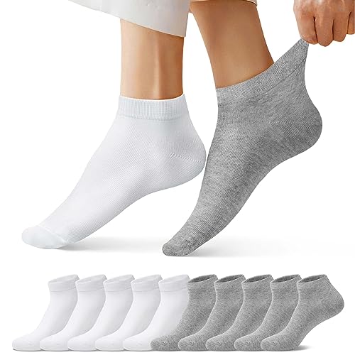 FALARY Sneaker Socken Weiß Sneaker Socken Damen 35-38 Sneaker Socken Damen Herren 35-38 Weiß Grau Sneakersocken Kurze 10 Paar Baumwolle Atmungsaktive Halbsocken Unisex von FALARY