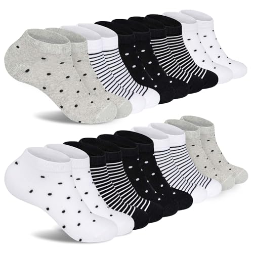 FALARY Socken Damen 39-42 Atmungsaktive Damen Sneaker Socken Baumwolle Laufsocken Bunte Schwarz 10 Paar mit Streifen und Punkten von FALARY