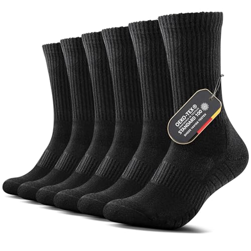 FALARY Tennissocken Herren 43-46 Schwarz Wintersocken Herren 43-46 Baumwolle Wandersocken Sportsocken Laufsocken Frotteesocken Gepolstert Strümpfe Herren für Trekking Outdoor 6 Paar von FALARY