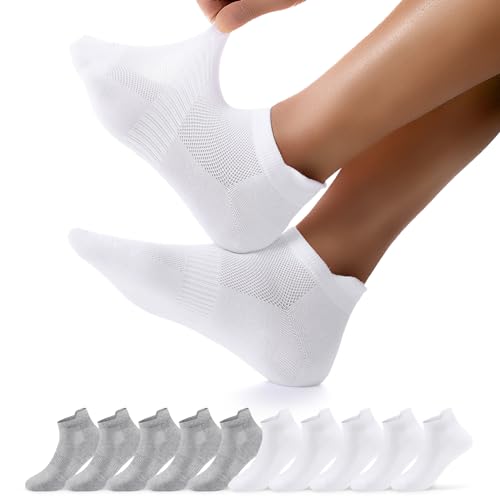FALARY Sportsocken Damen 35-38 Baumwolle Socken Damen 35-38 Kurzsocken Halbsocken Laufsocken Wandersocken Atmungsaktiv 10 Paar Weiß Graue von FALARY