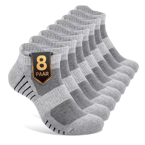 FALARY Sportsocken Herren 39-42 Laufsocken Damen 39-42 Sneaker Socken Wandersocken Kurz Laufsocken Halbsocken Running Socken Baumwolle Atmungsaktiv Grau 8 Paar von FALARY