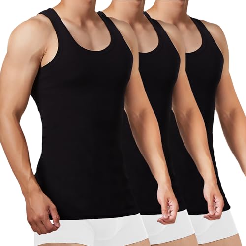 FALARY Sportunterhemden für Herren Tank Top Herren Baumwolle Männer Tanktops Unterhemd Herren Muskelshirts 3er Pack,(Schwarz x3,2XL) von FALARY