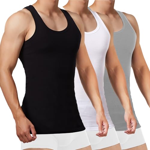 FALARY Sportunterhemden für Herren Tank Top Herren Baumwolle Männer Tanktops Unterhemd Herren Muskelshirts Sport Unterhemden 3er Pack,(Schwarz Weiß Grau,2XL) von FALARY