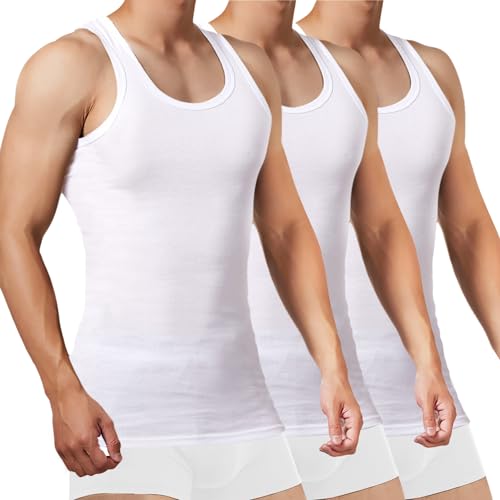 FALARY Sportunterhemden für Herren Unterhemd Herren Tank Top Herren Baumwolle Männer Tanktops Muskelshirts 3er Pack,(Weiß x3,3XL) von FALARY