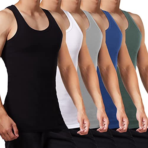 FALARY Unterhemd Herren Tank Top 5er Pack gekämmte Feinripp Baumwolle, Schwarz Weiß Grau Marine + Olive, 5XL von FALARY