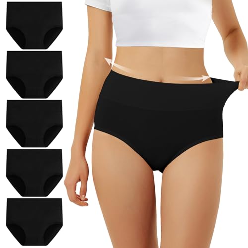 FALARY Unterhosen Damen Baumwolle Hohe Taille 5er Pack Stretch Atmungsaktiv Panties Weich Frauen Unterwäsche 3XL Schwarz von FALARY