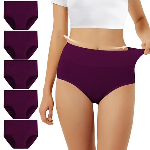 FALARY Unterhosen Damen Baumwolle Hohe Taille 5er Pack Stretch Atmungsaktiv Panties Weich Frauen Unterwäsche Sportunterhosen für Damen 3XL Violett von FALARY