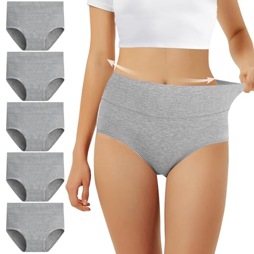 FALARY Unterhosen Damen Baumwolle Hohe Taille 5er Pack Stretch Atmungsaktiv Panties Weich Frauen Unterwäsche Sportunterhosen für Damen M Grau von FALARY