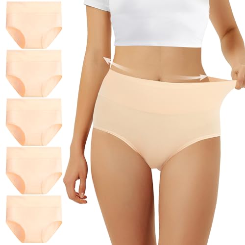 FALARY Unterhosen Damen Baumwolle Hohe Taille 5er Pack Stretch Atmungsaktiv Panties Weich Frauen Unterwäsche XL Hautfarben von FALARY