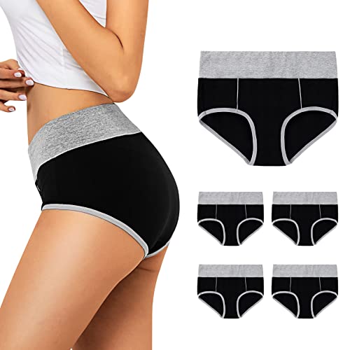 FALARY Unterhosen Damen Baumwolle Unterwäsche Frauen Bauchweg Hohe Taillenslip Damen Slip Stretchanteil Radsportunterwäsche für Damen 5er Pack Schwarz M von FALARY