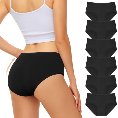 FALARY Unterhosen Damen Schwarz Baumwolle Mittlere Taille Hipster Slip Stretch Schlüpfer Panties Unterwäsche für Frauen 6er Pack Bequeme und Weiche（L/42 EU, Schwarz） von FALARY
