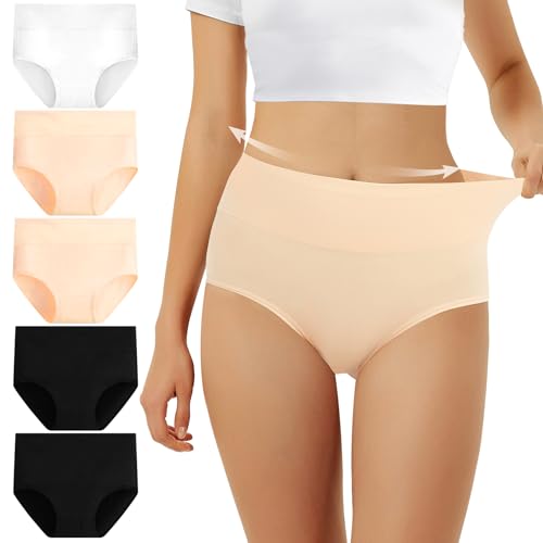 FALARY Slip Damen Unterhosen Unterwäsche Baumwolle 5er Pack Slip Hohe Taille Unterhose Taillenslip Sportunterhosen für Damen 3XL Schwarz Hautfarben Weiß von FALARY